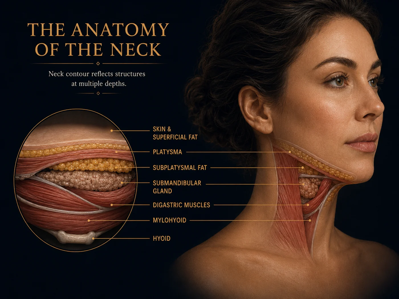 A portrait with the layers of the neck rendered in place and labelled, with an inset cross-section running from skin and superficial fat down through the platysma, subplatysmal fat, submandibular gland, digastric and mylohyoid muscles to the hyoid.