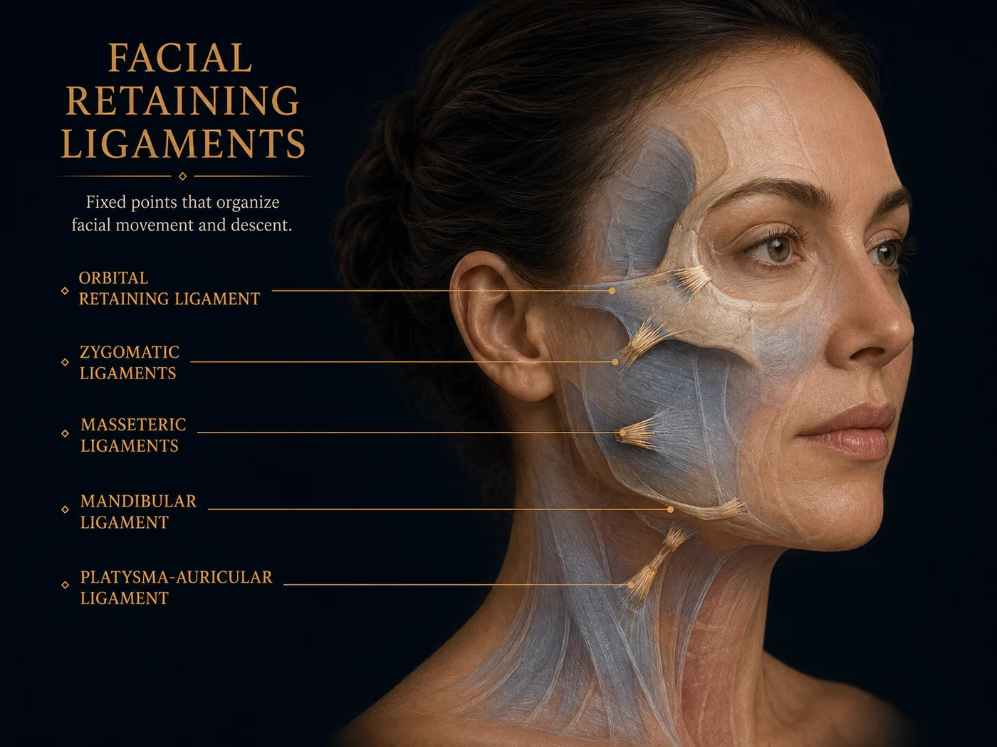A portrait with the retaining ligaments drawn in place and labelled: orbital, zygomatic, masseteric, mandibular and platysma-auricular.