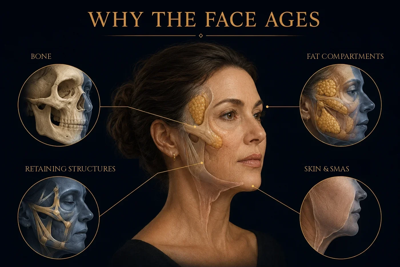 Conceptual illustration of facial aging across bone, fat compartments, retaining structures, skin, and SMAS.